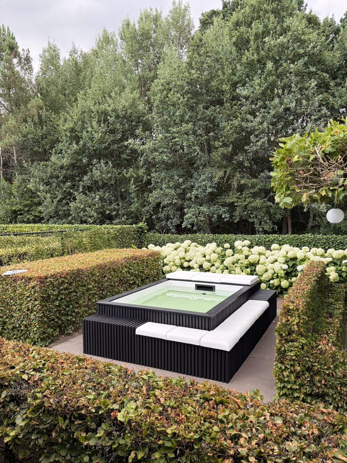 Zwarte minipool met witte zitkussens in de tuin in Ossendrecht.